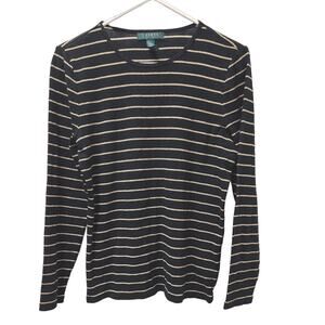 Lauren Ralph Lauren Knit Top Women's Sz L Black Gold Metallic Stripe Long Sleeve